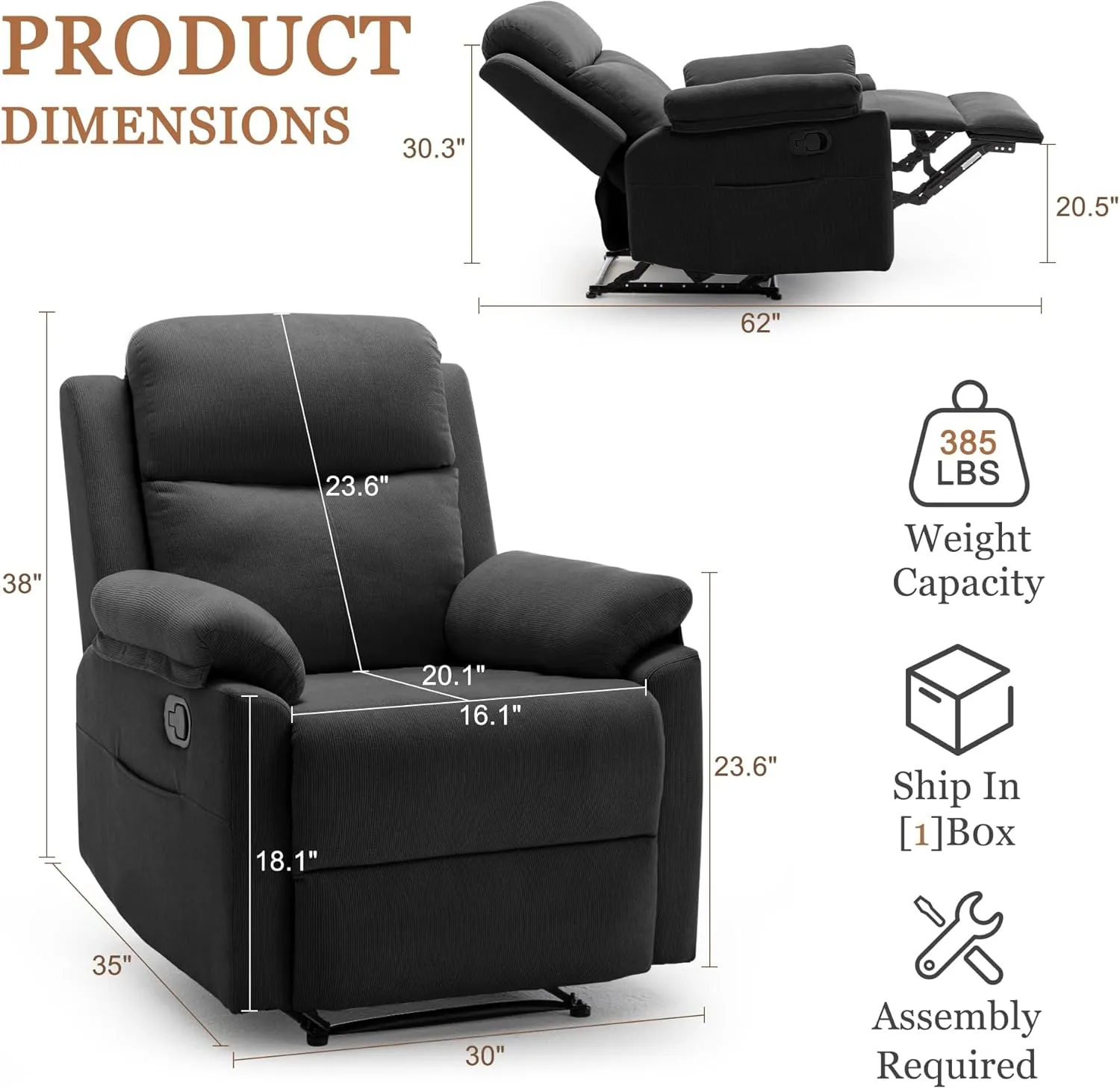 Recliner Chair for Adults, Small Recliner Chair for Small Spaces, Upholstered Corduroy Manual Recliner with Side Pockets, Reclining Chair for Living Room, Nursery, Black
