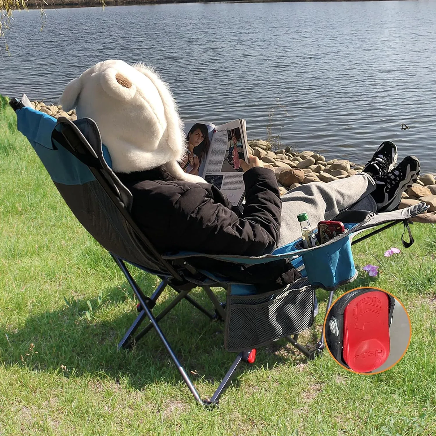 Reclining Camping Chair with Removable Footrest Lounge Chair with Headrest, Cotton Cushion, Portable Adjustable Folding Chairs