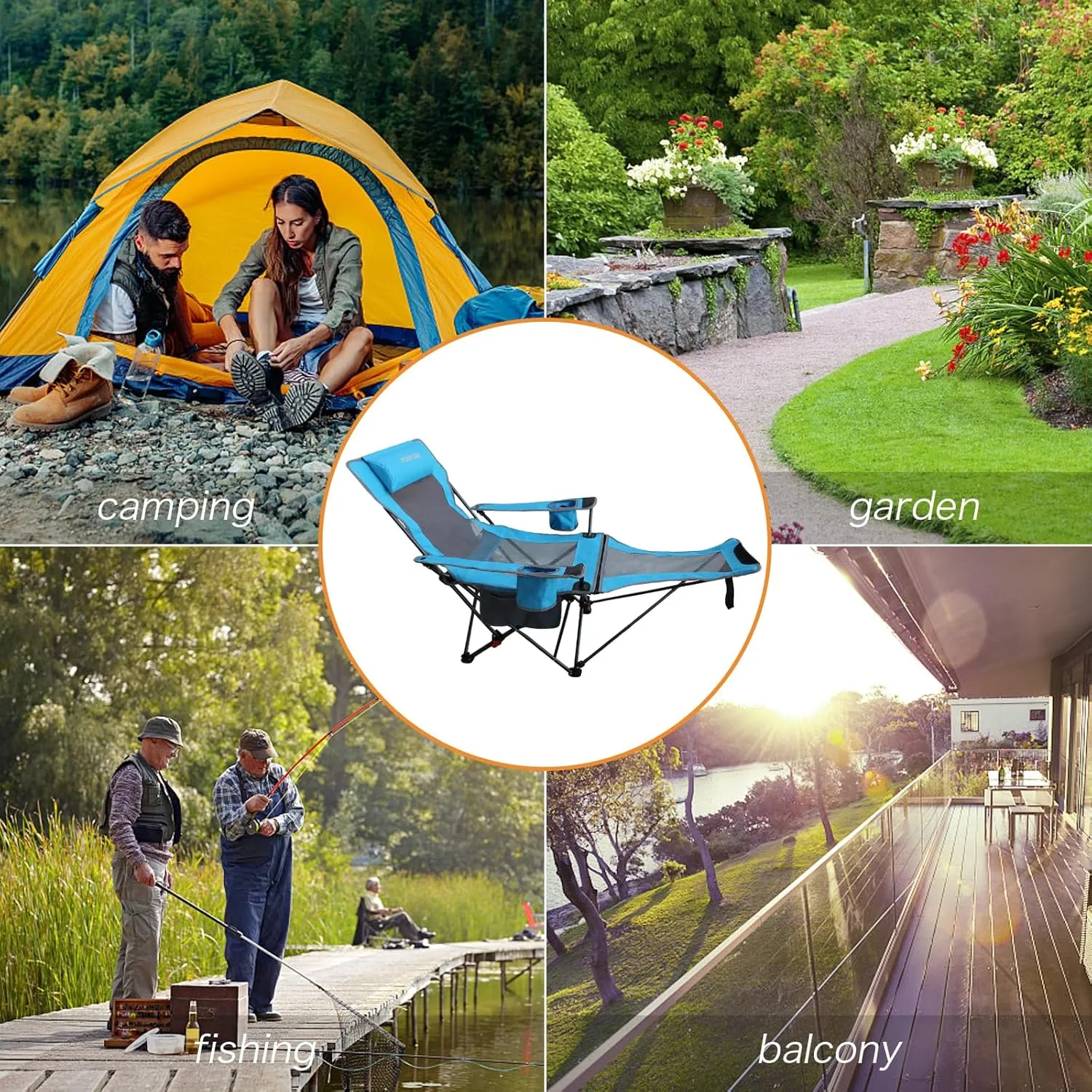 Reclining Camping Chair with Removable Footrest Lounge Chair with Headrest, Cotton Cushion, Portable Adjustable Folding Chairs