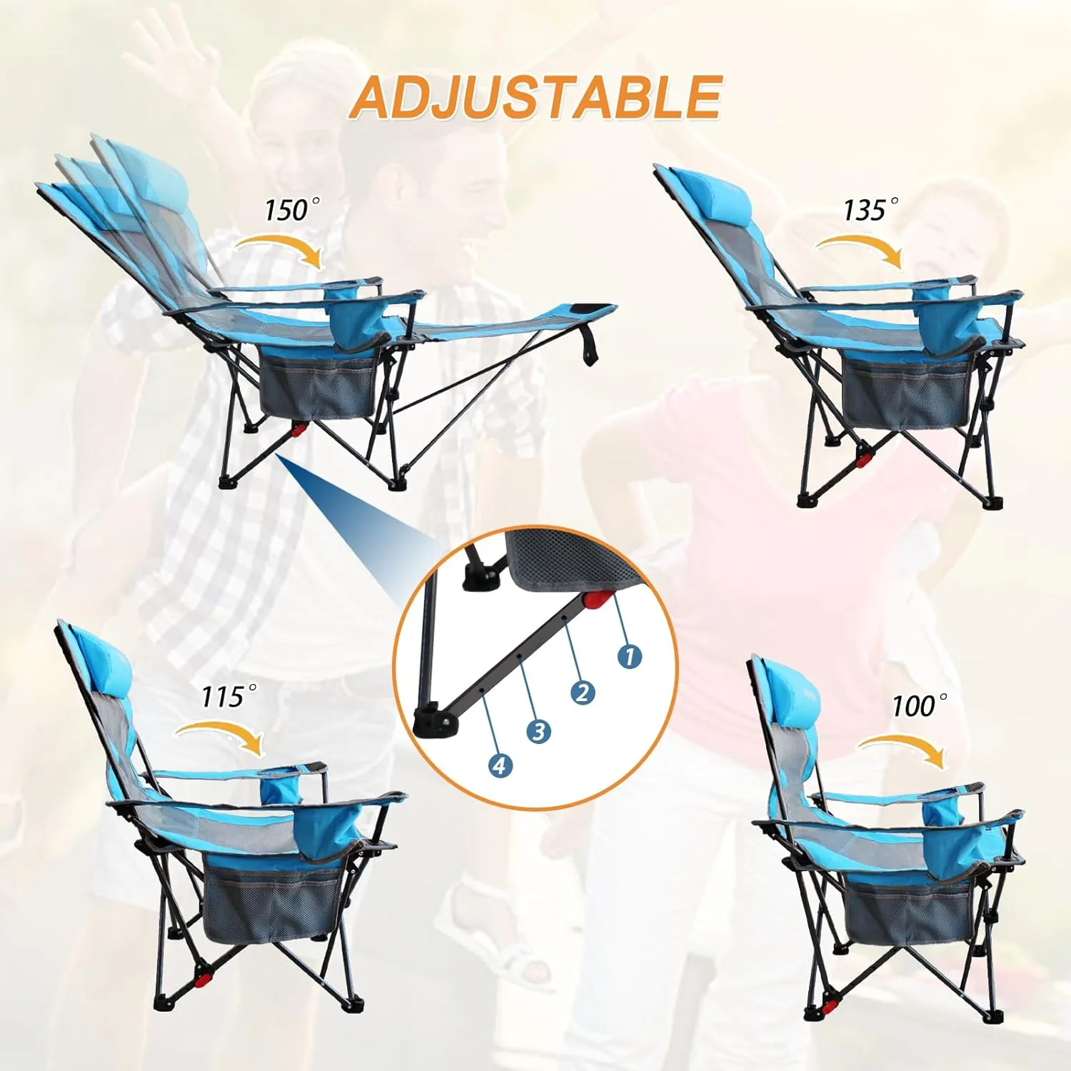 Reclining Camping Chair with Removable Footrest Lounge Chair with Headrest, Cotton Cushion, Portable Adjustable Folding Chairs