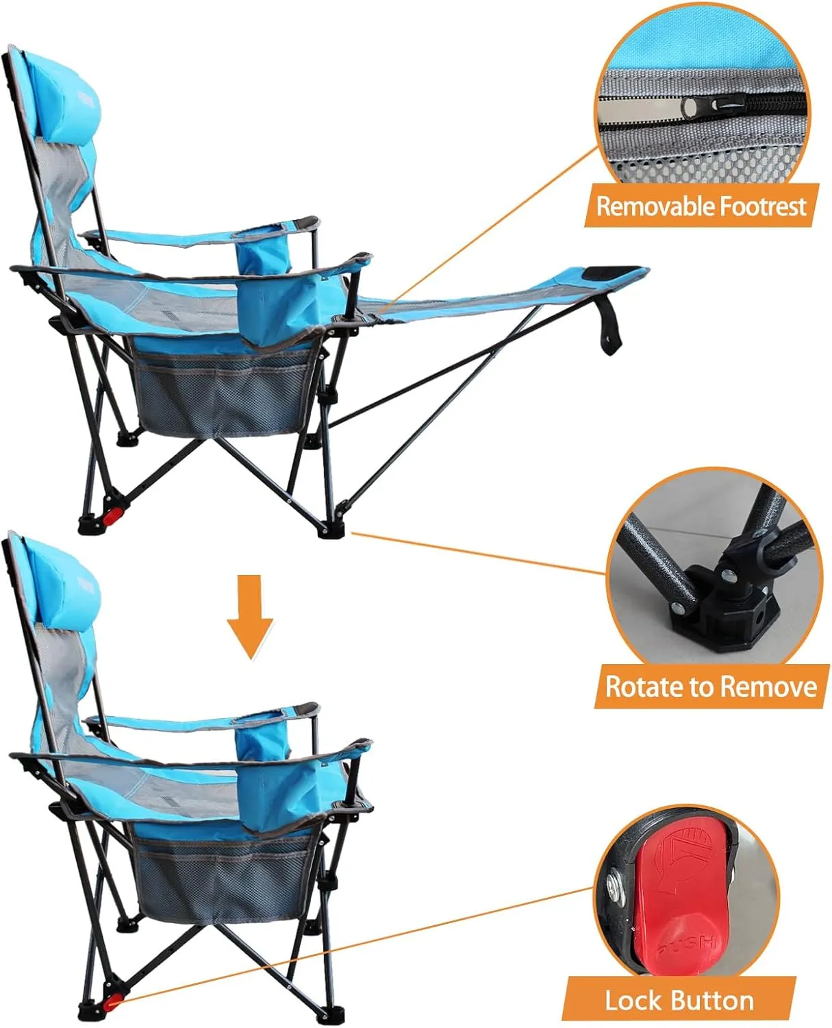 Reclining Camping Chair with Removable Footrest Lounge Chair with Headrest, Cotton Cushion, Portable Adjustable Folding Chairs