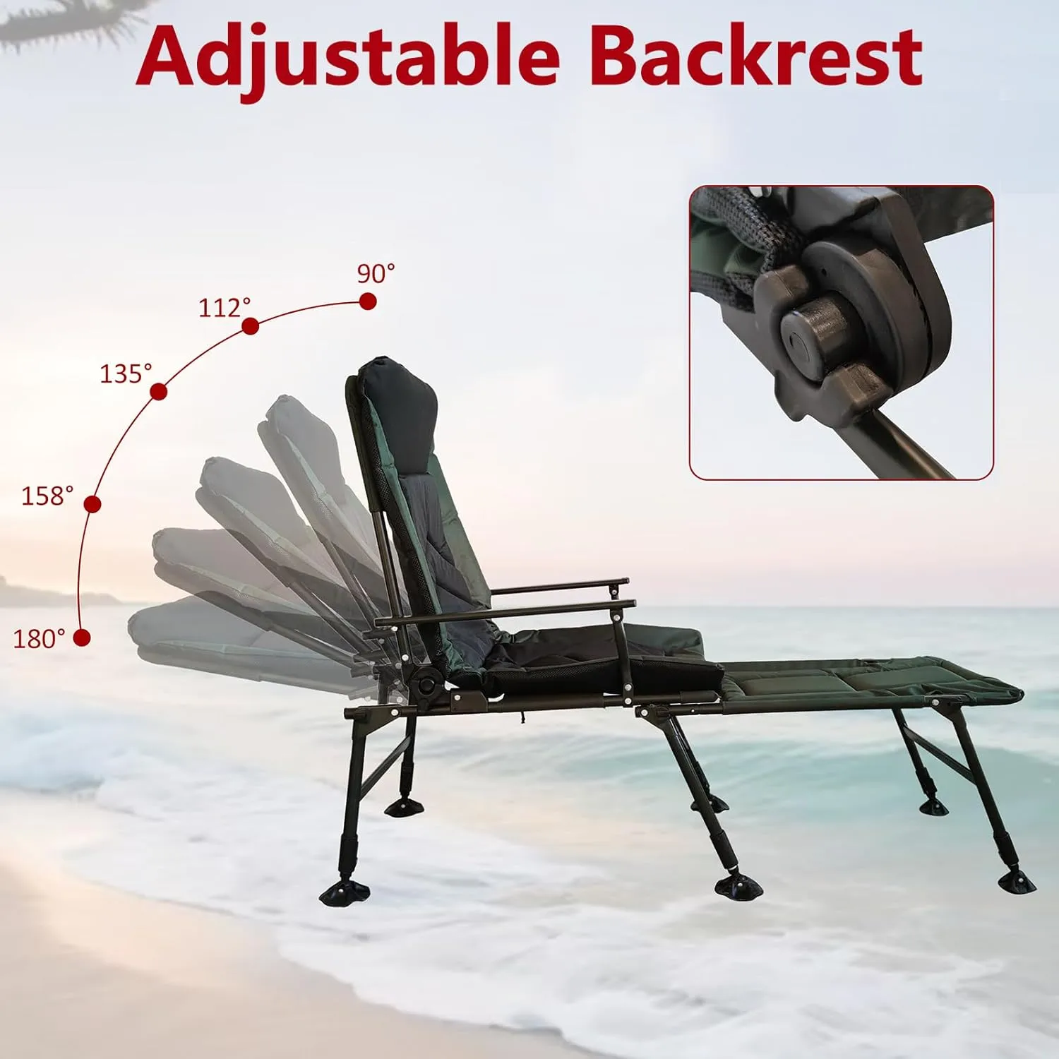 Reclining Camping Chairs with Footrest, Folding Lounge Chair Support 330 LBS, Portable Reclining Chair with Armrests for Adults (with Footrest, Black Green)