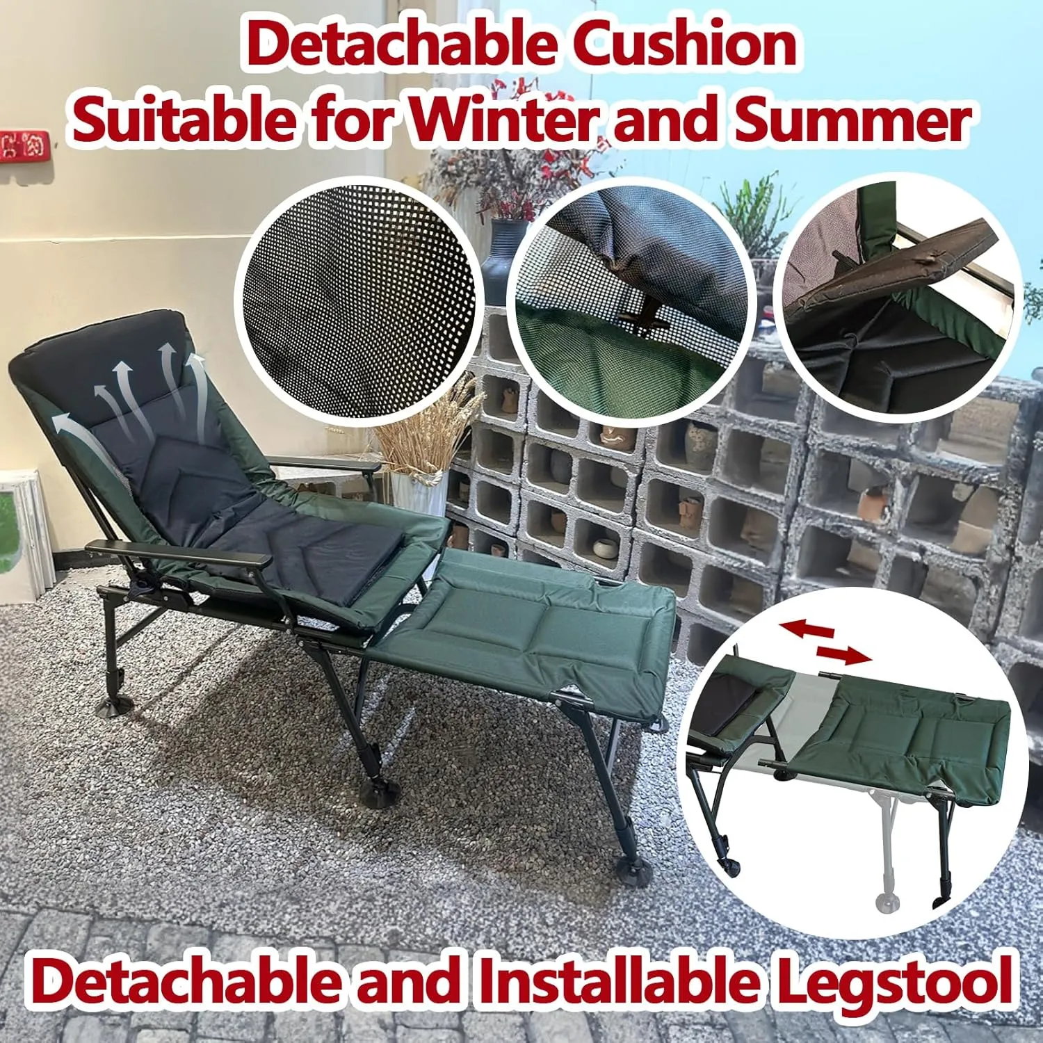 Reclining Camping Chairs with Footrest, Folding Lounge Chair Support 330 LBS, Portable Reclining Chair with Armrests for Adults (with Footrest, Black Green)