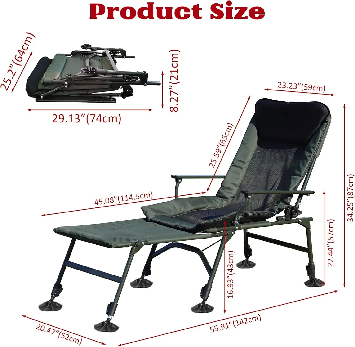 Reclining Camping Chairs with Footrest, Folding Lounge Chair Support 330 LBS, Portable Reclining Chair with Armrests for Adults (with Footrest, Black Green)
