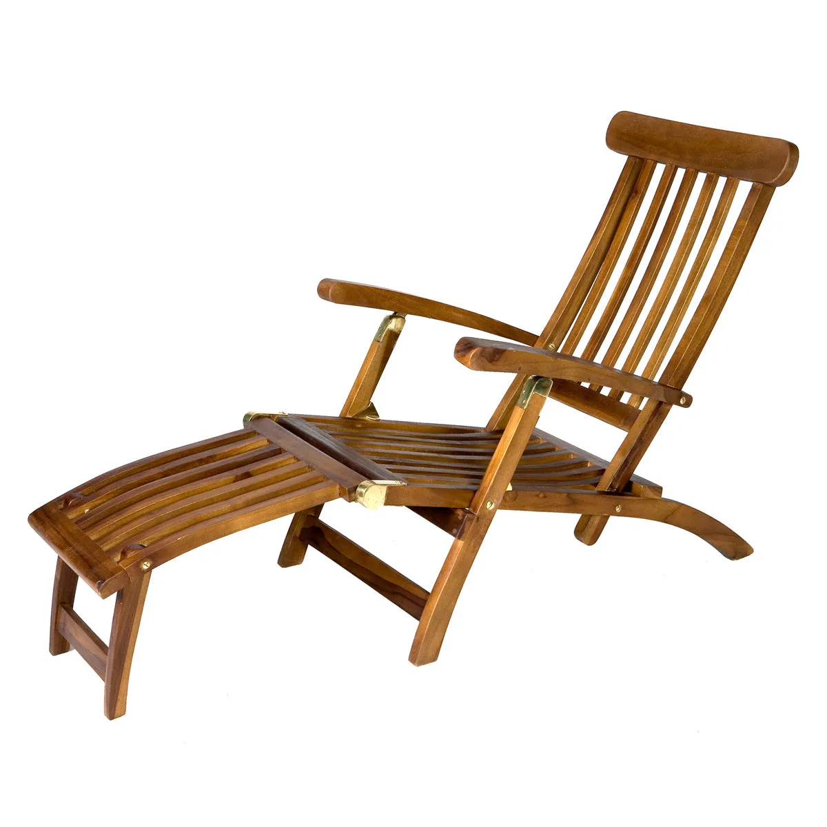Reclining Chaise Lounge Steamer Teak Foldable Chair  - White Cushions