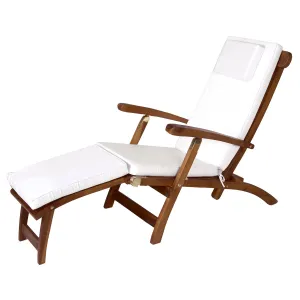 Reclining Chaise Lounge Steamer Teak Foldable Chair  - White Cushions