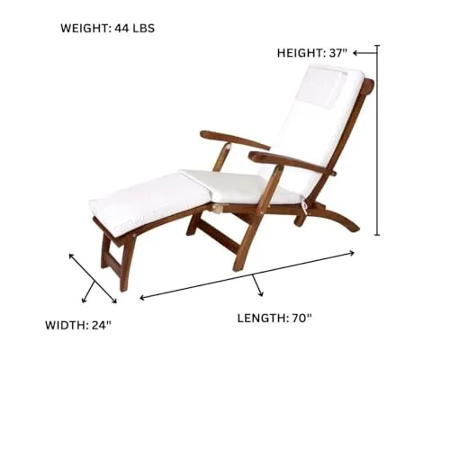 Reclining Chaise Lounge Steamer Teak Foldable Chair  - White Cushions