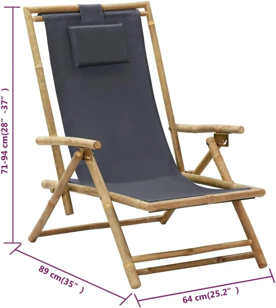 Reclining Lounge Chair with 4-Position Adjustable Backrest, Foldable Bamboo and Dark Gray Fabric Outdoor Indoor Chair for Patio, Poolside, Beach, Camping