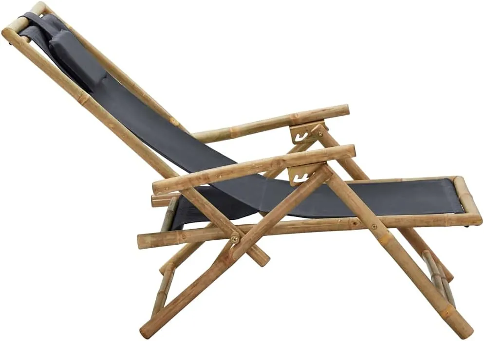 Reclining Lounge Chair with 4-Position Adjustable Backrest, Foldable Bamboo and Dark Gray Fabric Outdoor Indoor Chair for Patio, Poolside, Beach, Camping