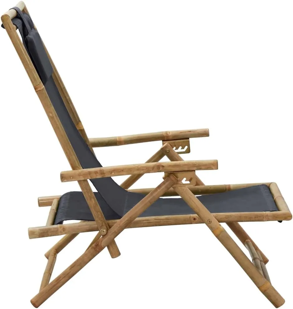 Reclining Lounge Chair with 4-Position Adjustable Backrest, Foldable Bamboo and Dark Gray Fabric Outdoor Indoor Chair for Patio, Poolside, Beach, Camping