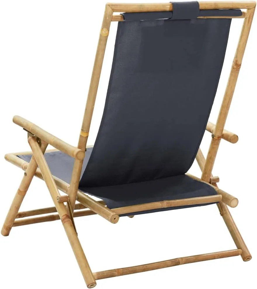 Reclining Lounge Chair with 4-Position Adjustable Backrest, Foldable Bamboo and Dark Gray Fabric Outdoor Indoor Chair for Patio, Poolside, Beach, Camping