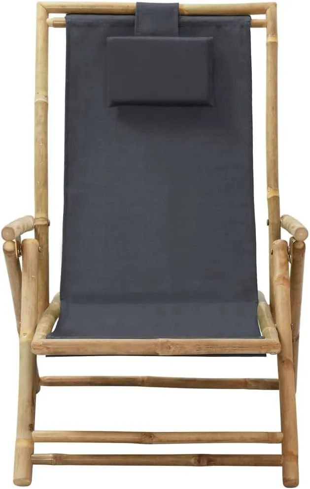 Reclining Lounge Chair with 4-Position Adjustable Backrest, Foldable Bamboo and Dark Gray Fabric Outdoor Indoor Chair for Patio, Poolside, Beach, Camping