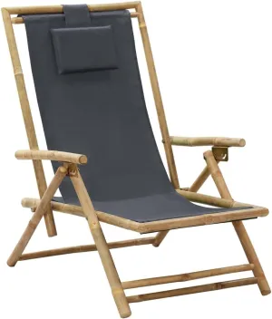 Reclining Lounge Chair with 4-Position Adjustable Backrest, Foldable Bamboo and Dark Gray Fabric Outdoor Indoor Chair for Patio, Poolside, Beach, Camping