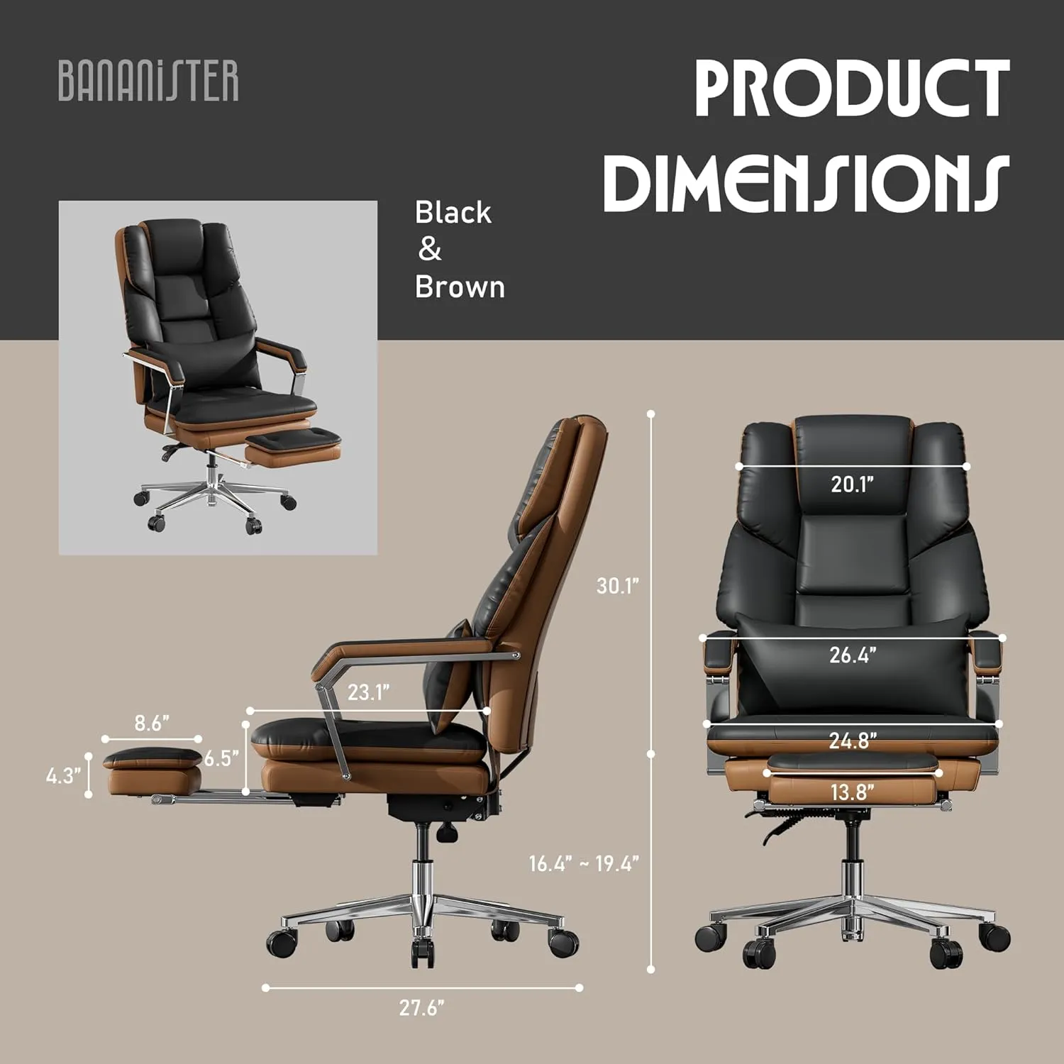 Reclining Office Chair with Footrest, Big and Tall Office Chair 500lbs with Wide Seat and Lumbar Support for Heavy People, High Back, PU Leather, Black