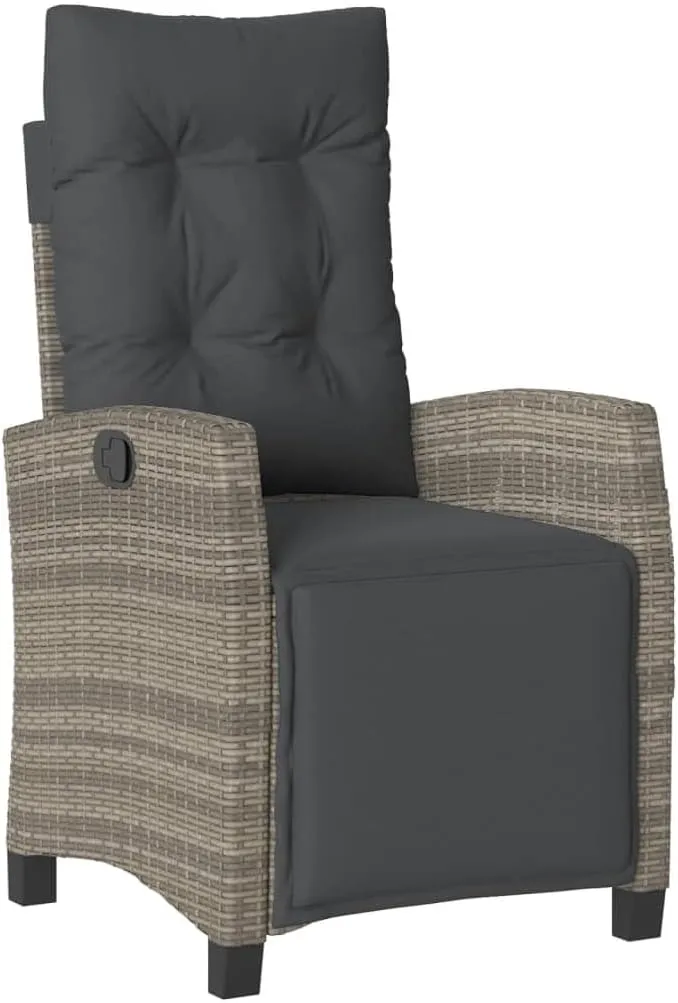 Reclining Patio Chair with Adjustable Footrest Gray Poly Rattan Outdoor Lounge Chair for Backyard, Pool, Camping - Durable Steel Frame & Removable Cushions