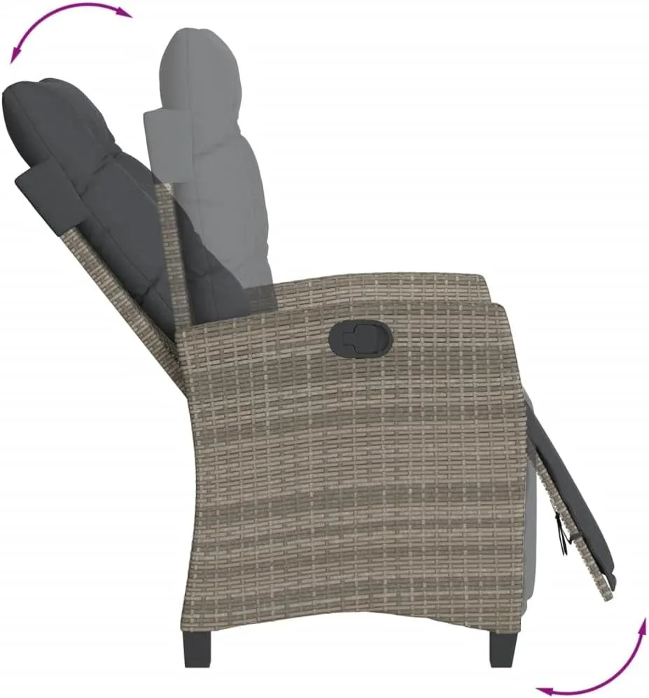 Reclining Patio Chair with Adjustable Footrest Gray Poly Rattan Outdoor Lounge Chair for Backyard, Pool, Camping - Durable Steel Frame & Removable Cushions