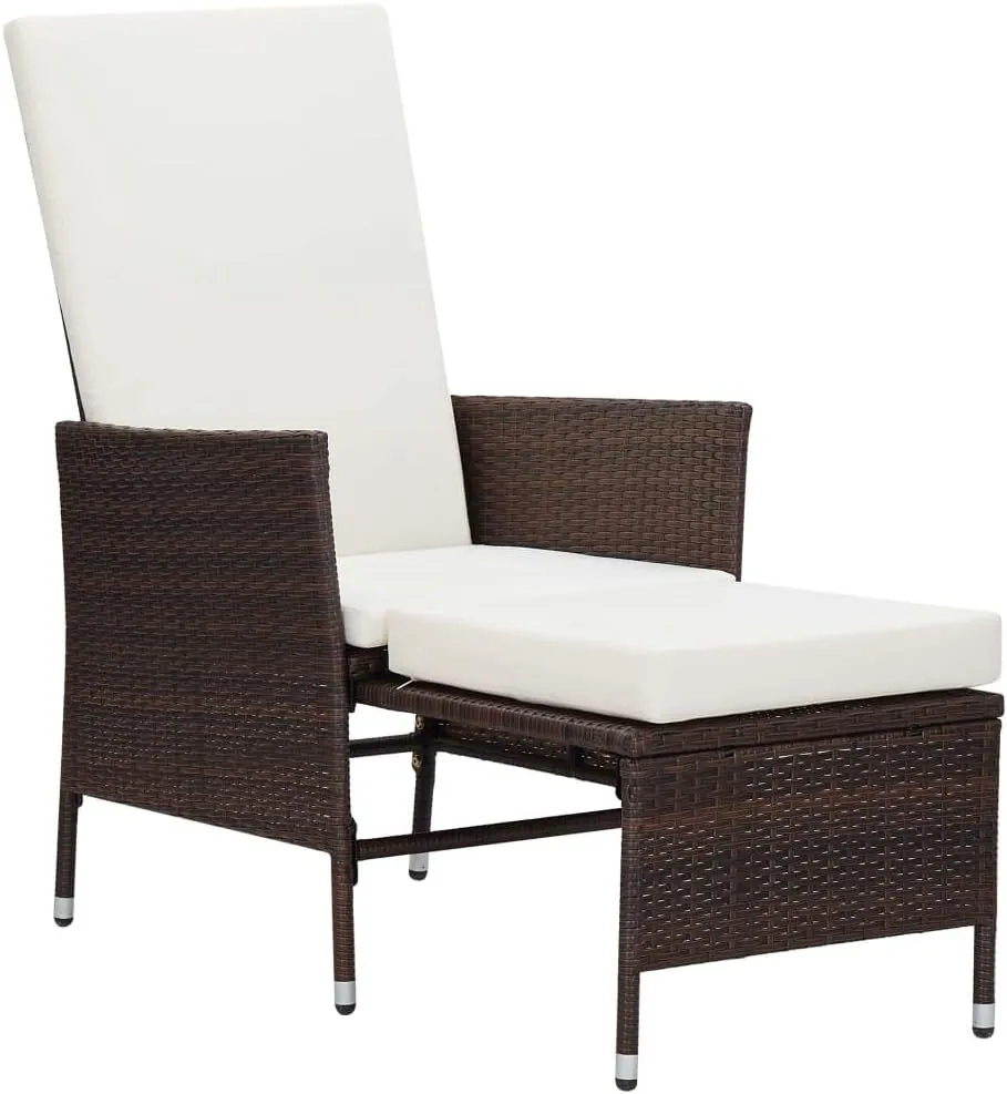 Reclining Patio Chair with Cushions PE Rattan Outdoor Furniture Brown 24.4"x51.6"x41.7" Adjustable Backrest & Built-in Footrest for Poolside Backyard Sunroom