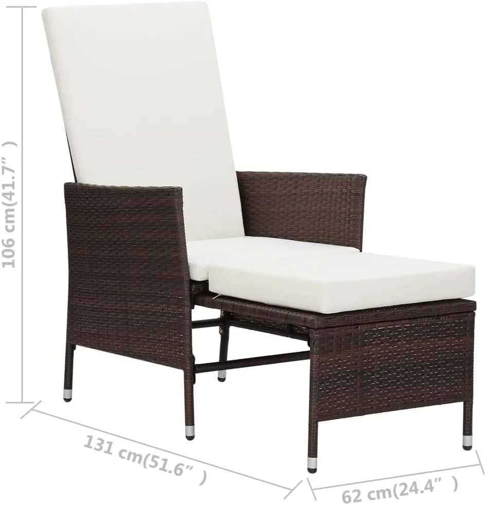 Reclining Patio Chair with Cushions PE Rattan Outdoor Furniture Brown 24.4"x51.6"x41.7" Adjustable Backrest & Built-in Footrest for Poolside Backyard Sunroom