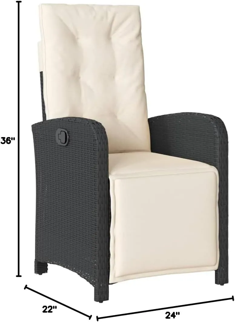 Reclining Patio Chairs 2 Pack with Adjustable Backrest and Footrest, PE Rattan Outdoor Lounge Chairs Black with Cream Cushions for Poolside Tanning, Backyard Relaxation