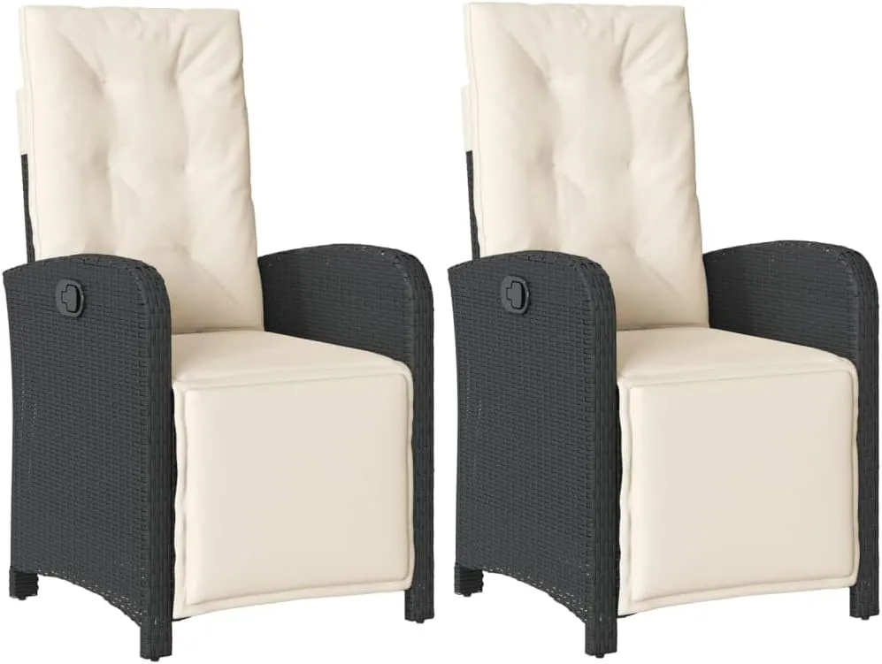 Reclining Patio Chairs 2 Pack with Adjustable Backrest and Footrest, PE Rattan Outdoor Lounge Chairs Black with Cream Cushions for Poolside Tanning, Backyard Relaxation
