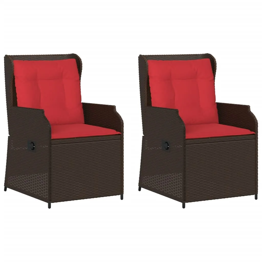 Reclining Patio Chairs 2 pcs with Cushions Brown Poly Rattan