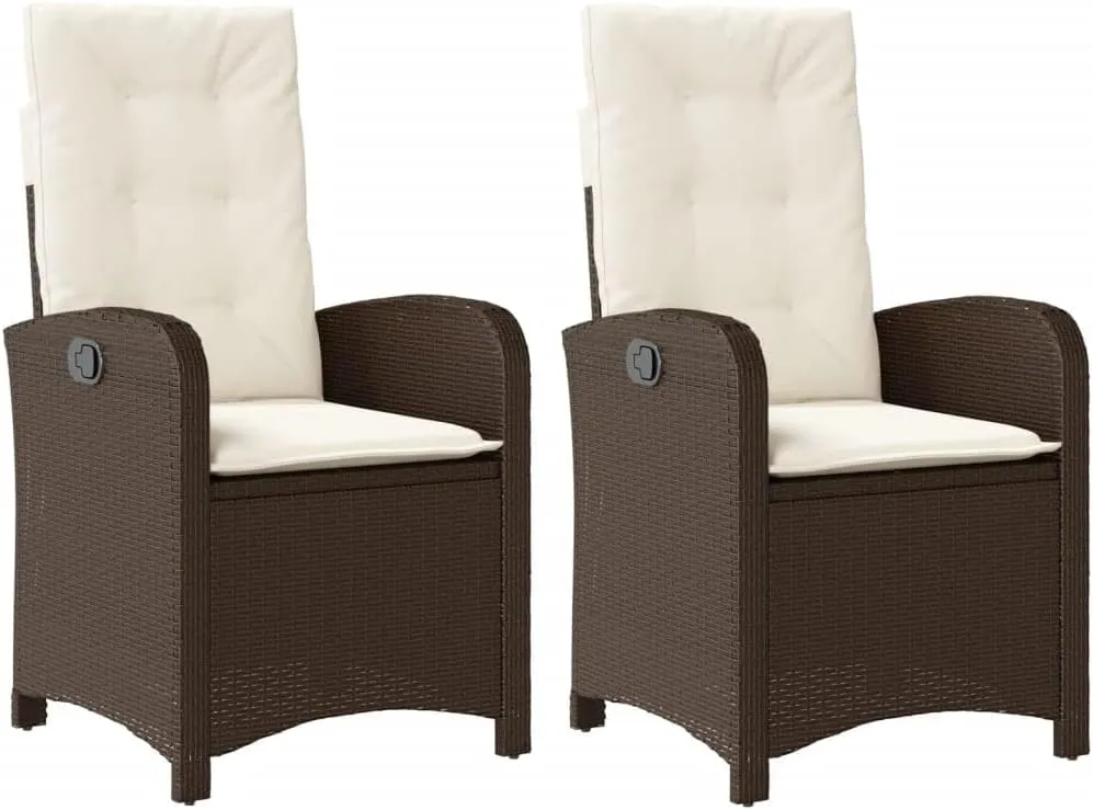 Reclining Patio Chairs 2-Piece Set with Cushions Brown Poly Rattan Outdoor Lounge Chairs Adjustable Backrest Durable Steel Frame for Pool, Backyard, Garden