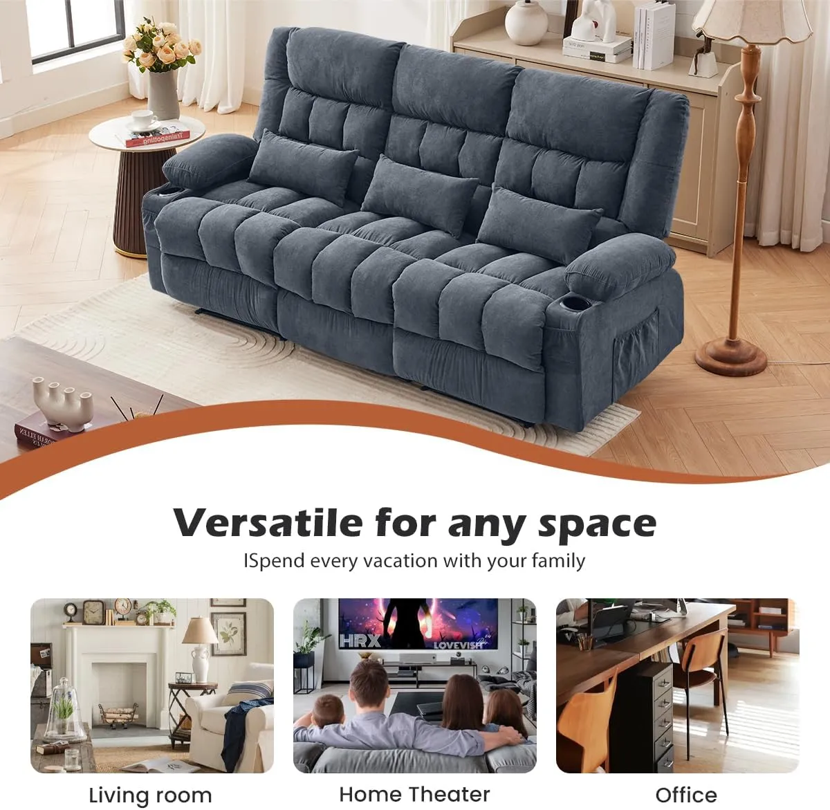 Reclining Sofa with Cup Holders for Living Room 3 Seat Manual Sofa Recliner with Side Pocket