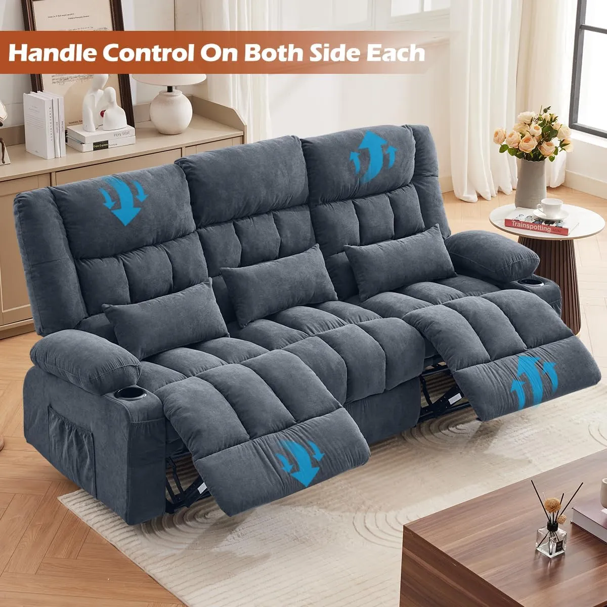 Reclining Sofa with Cup Holders for Living Room 3 Seat Manual Sofa Recliner with Side Pocket
