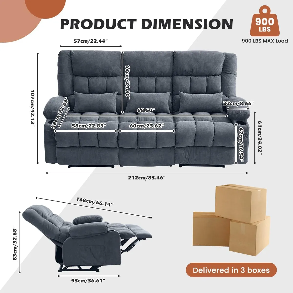 Reclining Sofa with Cup Holders for Living Room 3 Seat Manual Sofa Recliner with Side Pocket