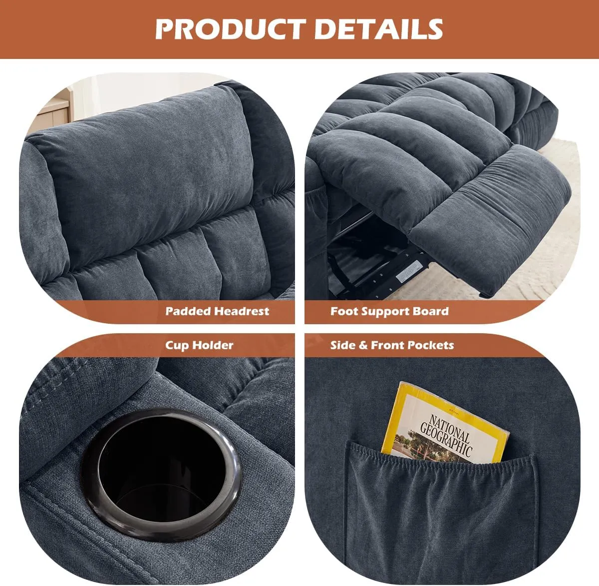 Reclining Sofa with Cup Holders for Living Room 3 Seat Manual Sofa Recliner with Side Pocket