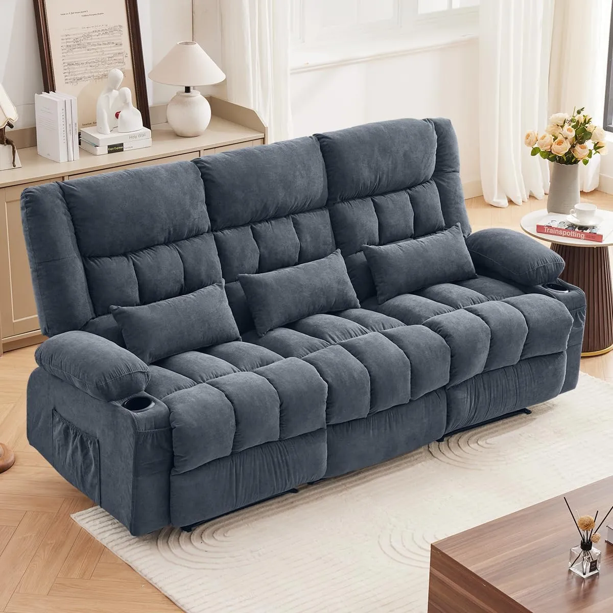 Reclining Sofa with Cup Holders for Living Room 3 Seat Manual Sofa Recliner with Side Pocket