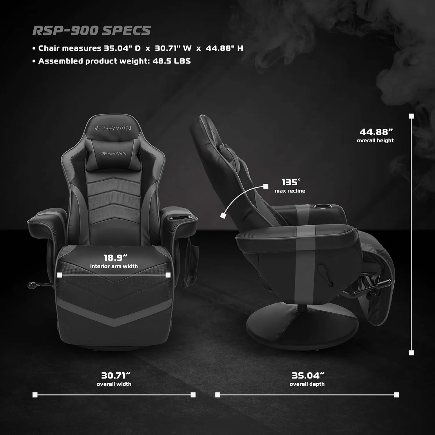 RESPAWN 900 Racing Style Gaming Recliner, Reclining Gaming Chair, in Gray RSP 900 GRY