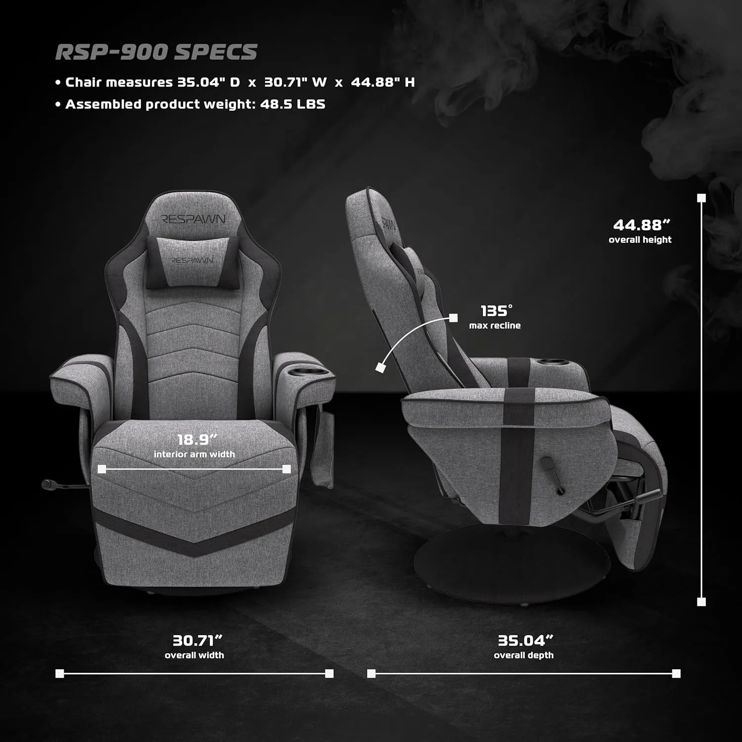 Respawn 900- Video Games Console, Computer, Adjustable Leg Rest and Recline, with Cupholder, Reclining Gaming Chair with Footrest - Gray Fabric
