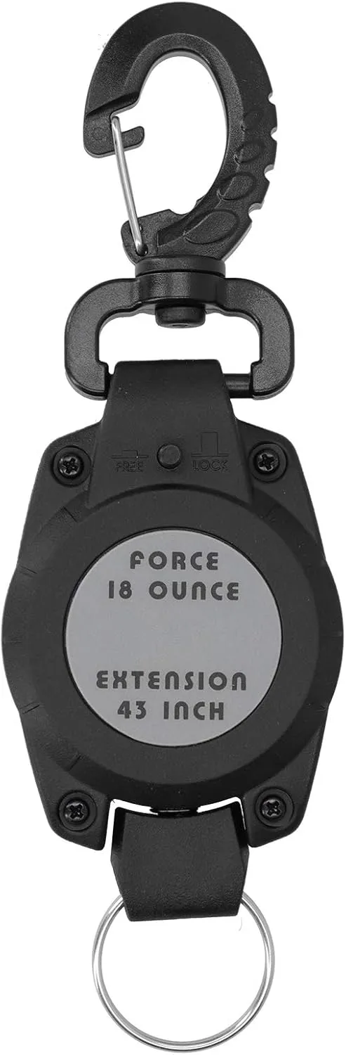 Retractable Keychain Holder | Secure - Lost Clip Hook for Keys/Tools/Diving Gear | Black Polycarbonate Shell | Lightweight & Sturdy