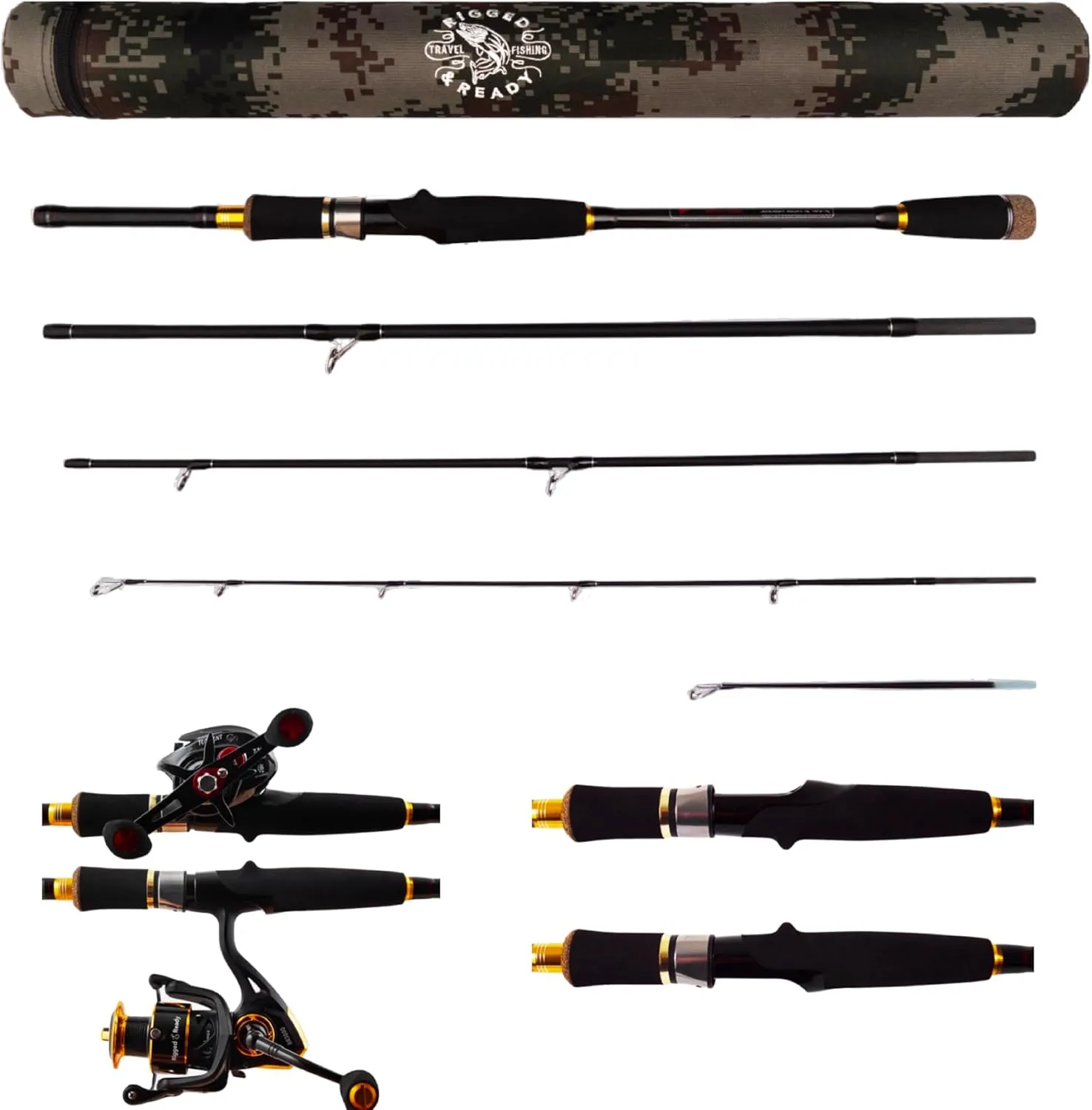 Rigged and Ready Predator Series Spin-Baitcast Fishing Rods. Compact hi-Carbon rods. Unique Spin/cast Micro Trigger. 4 Rod Sections, 2 Tips, case for Mobile Travel Rod Angling. Max 15Kg 33lbs Fish