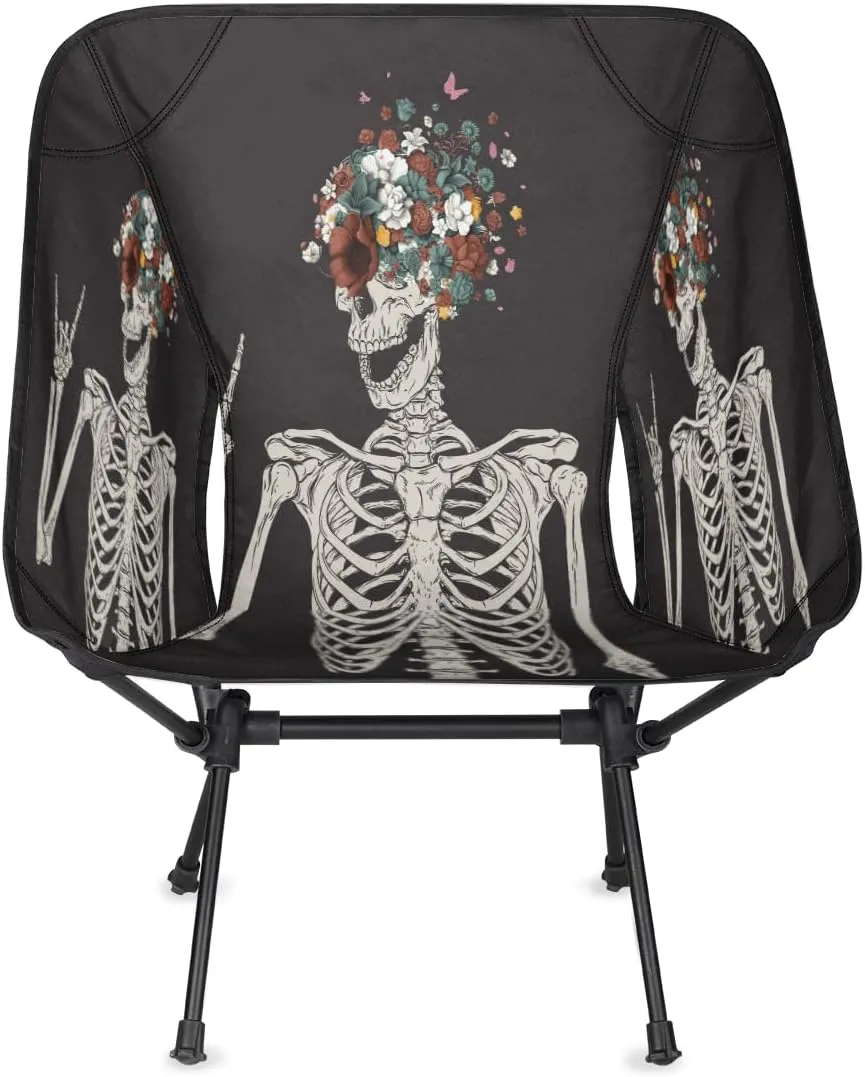 Rock and Roll Skull Skeleton Camping Chair Lightweight Portable Chairs for Adults Easy Installation Outdoor Foldable Camping Chair for Camping Fishing Hiking Picnic Beach