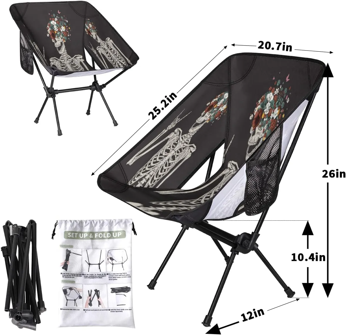 Rock and Roll Skull Skeleton Camping Chair Lightweight Portable Chairs for Adults Easy Installation Outdoor Foldable Camping Chair for Camping Fishing Hiking Picnic Beach