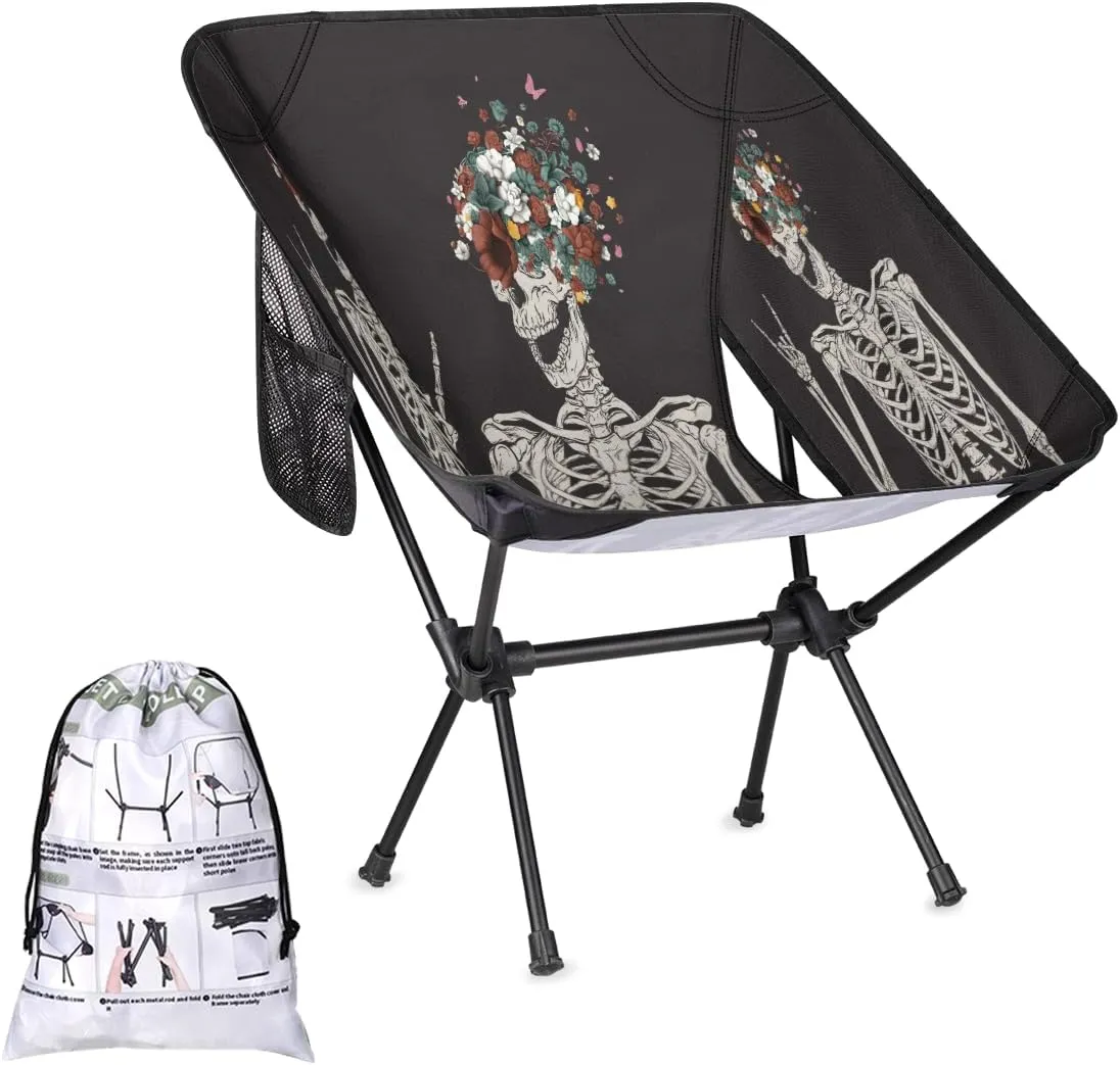 Rock and Roll Skull Skeleton Camping Chair Lightweight Portable Chairs for Adults Easy Installation Outdoor Foldable Camping Chair for Camping Fishing Hiking Picnic Beach