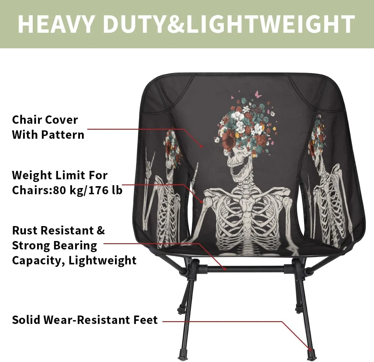 Rock and Roll Skull Skeleton Camping Chair Lightweight Portable Chairs for Adults Easy Installation Outdoor Foldable Camping Chair for Camping Fishing Hiking Picnic Beach