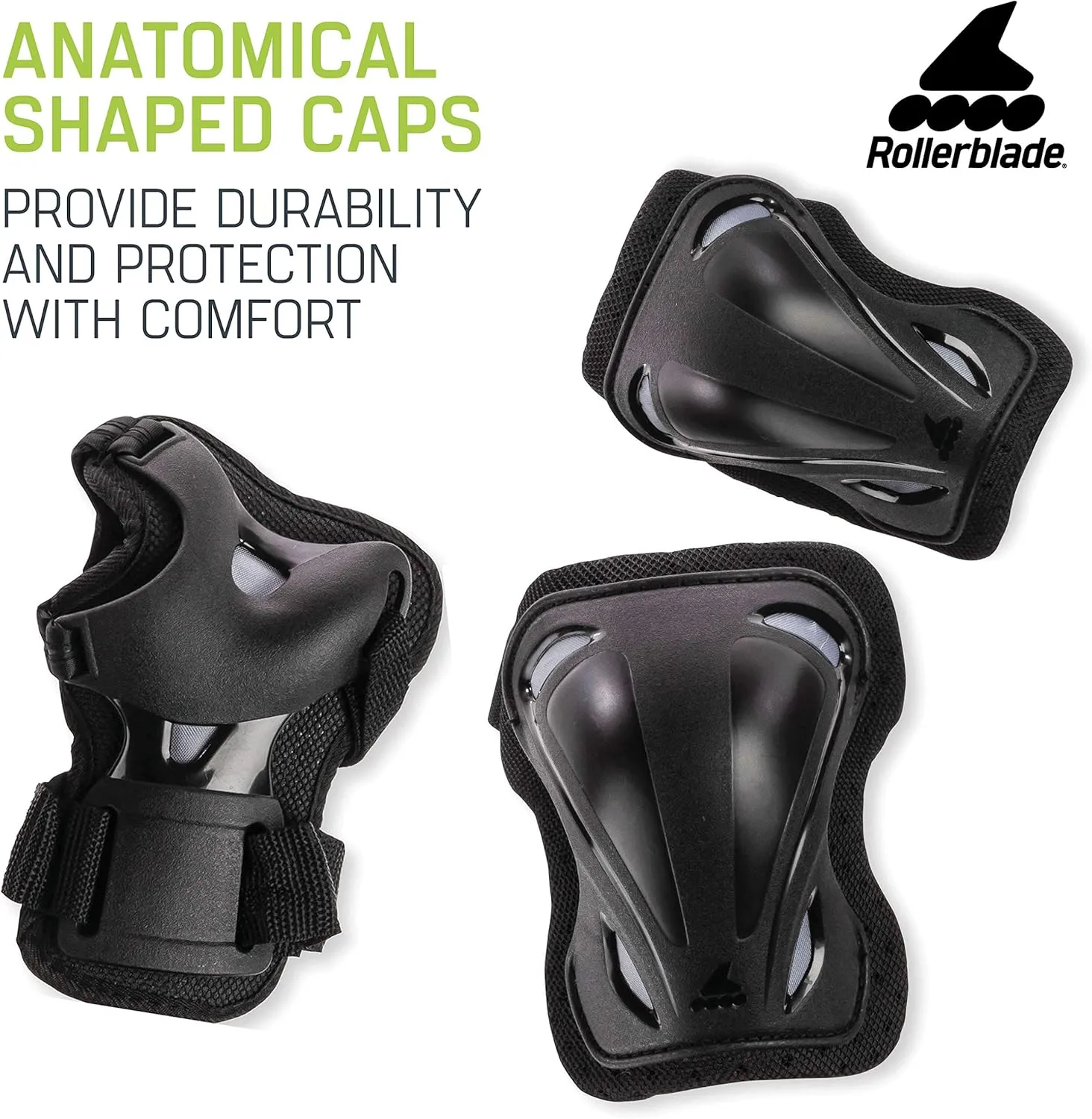 Rollerblade Skate Gear 3 Pack Protective Gear, Knee Pads, Elbow Pads and Wrist Guards, Inline Skating, Multi Sport Protection, Unisex, Black