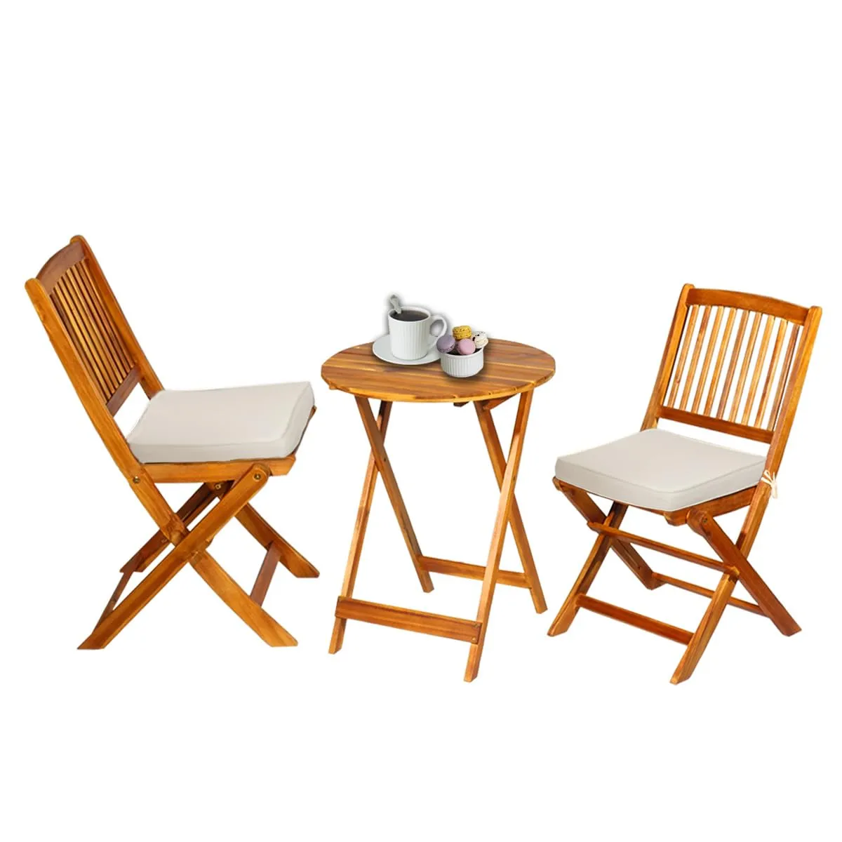 S AFSTAR 3 Pieces Patio Bistro Set, Acacia Wood Folding Bistro Set with Round Coffee Table & Padded Cushion, Outdoor Bistro Table and Chair Set of 2 for Patio, Balcony, Poolside & Porch (Beige)