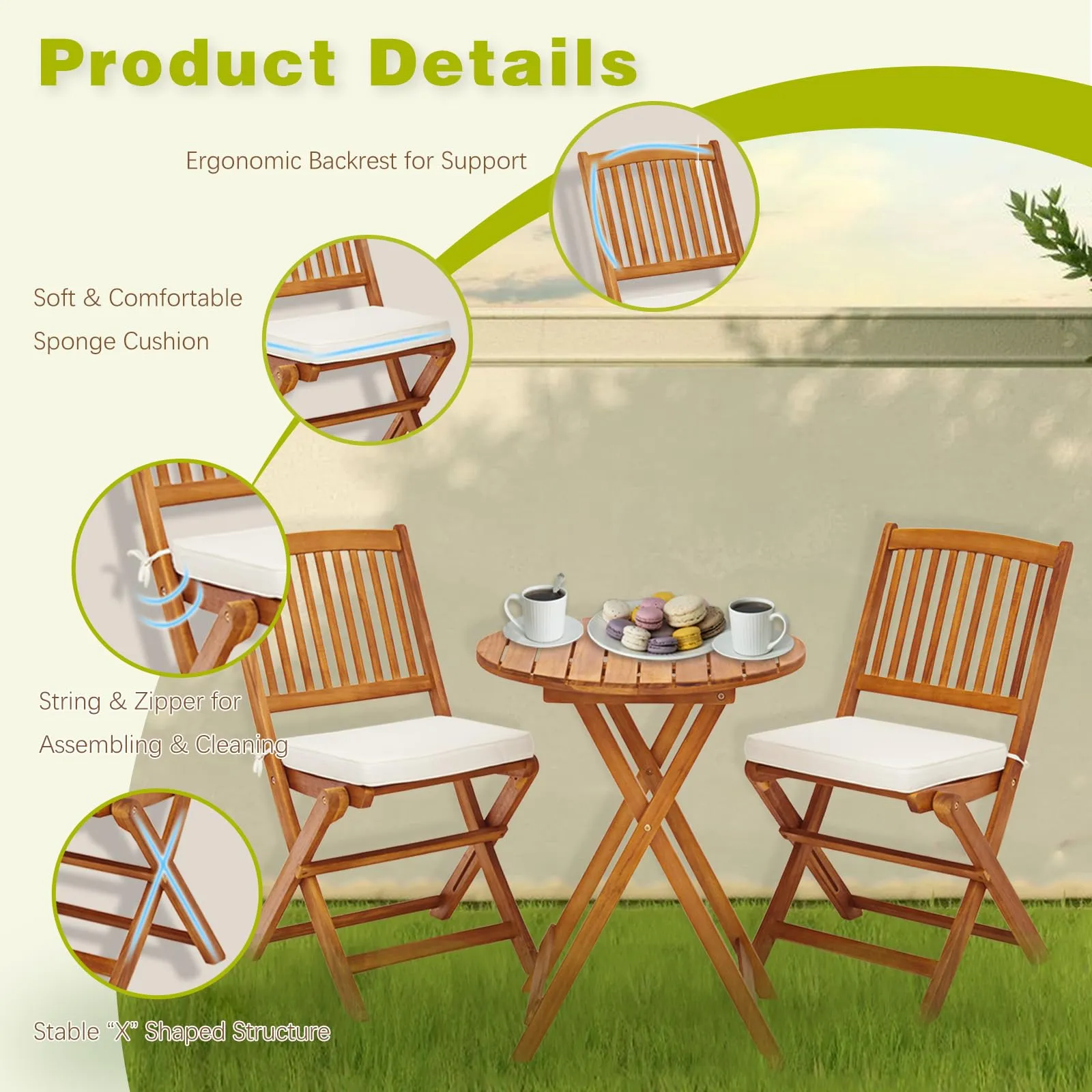 S AFSTAR 3 Pieces Patio Bistro Set, Acacia Wood Folding Bistro Set with Round Coffee Table & Padded Cushion, Outdoor Bistro Table and Chair Set of 2 for Patio, Balcony, Poolside & Porch (Beige)