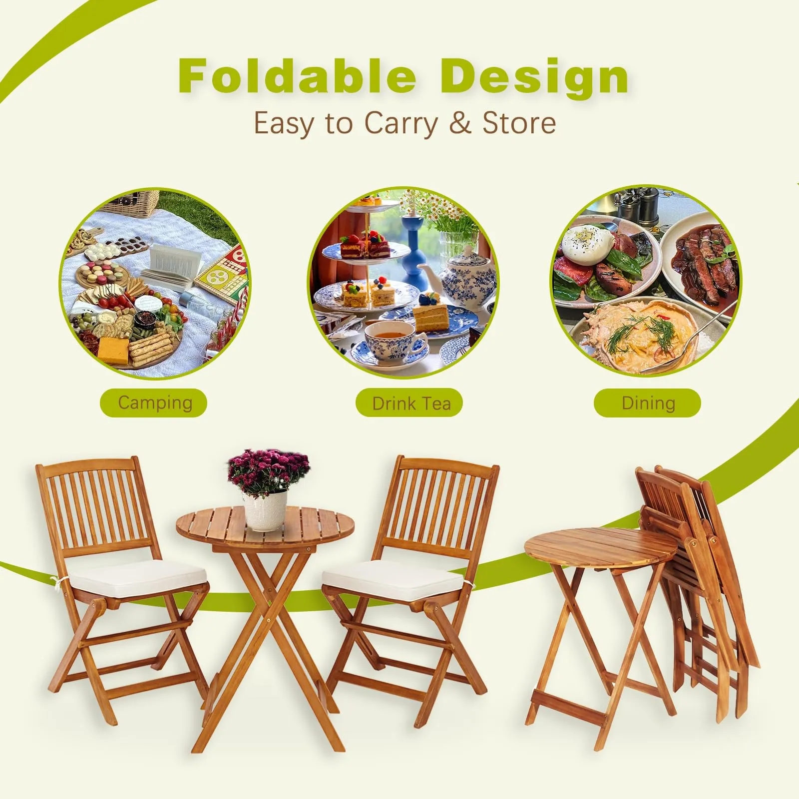 S AFSTAR 3 Pieces Patio Bistro Set, Acacia Wood Folding Bistro Set with Round Coffee Table & Padded Cushion, Outdoor Bistro Table and Chair Set of 2 for Patio, Balcony, Poolside & Porch (Beige)
