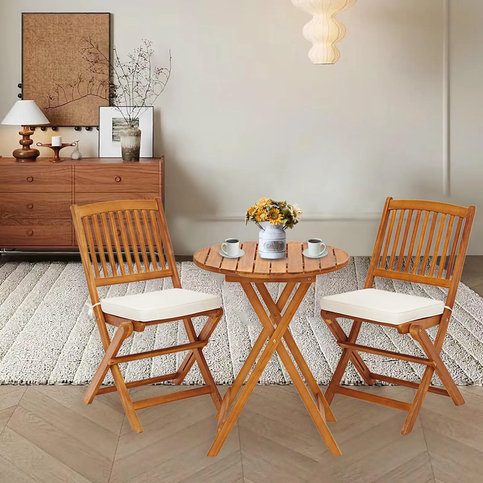 S AFSTAR 3 Pieces Patio Bistro Set, Acacia Wood Folding Bistro Set with Round Coffee Table & Padded Cushion, Outdoor Bistro Table and Chair Set of 2 for Patio, Balcony, Poolside & Porch (Beige)