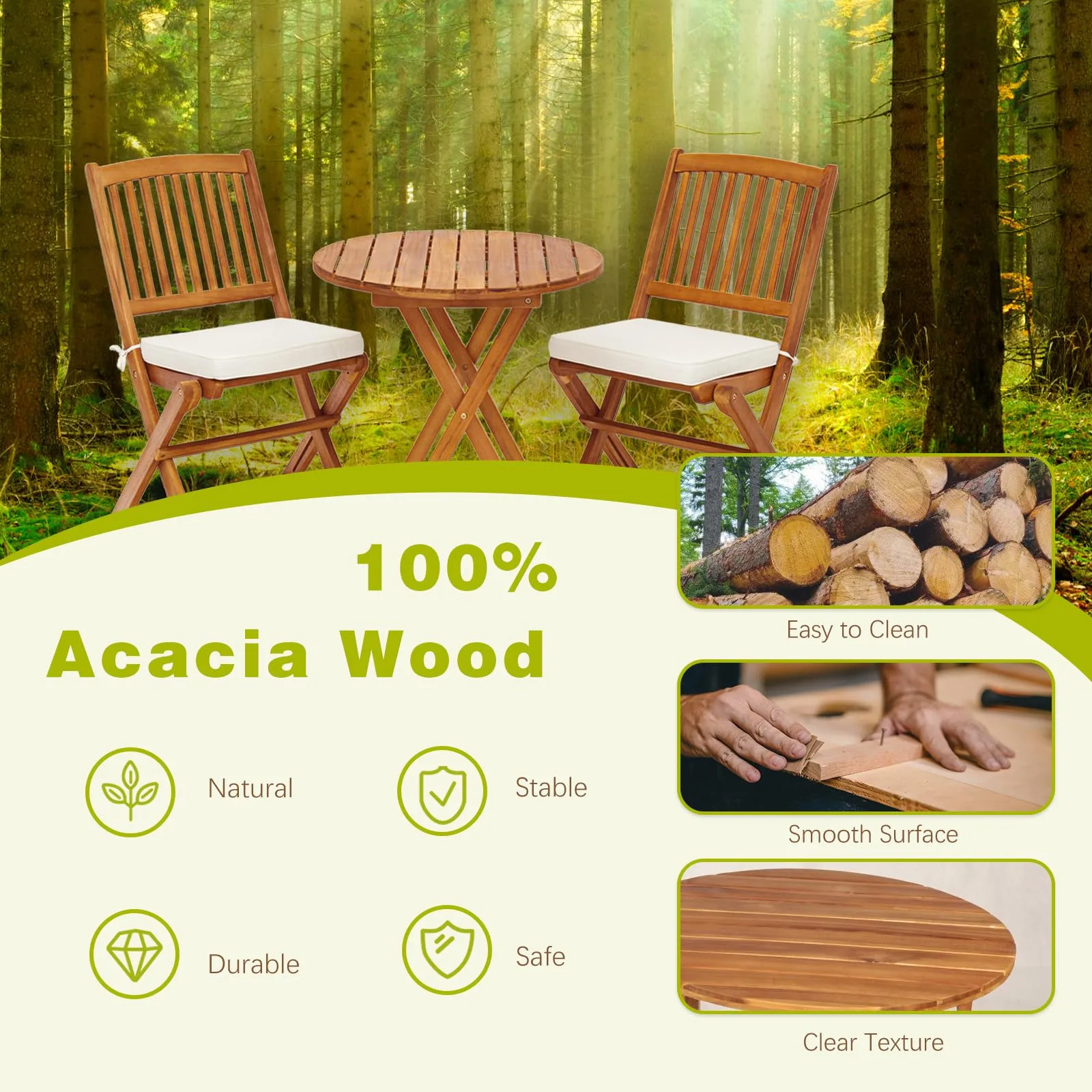 S AFSTAR 3 Pieces Patio Bistro Set, Acacia Wood Folding Bistro Set with Round Coffee Table & Padded Cushion, Outdoor Bistro Table and Chair Set of 2 for Patio, Balcony, Poolside & Porch (Beige)