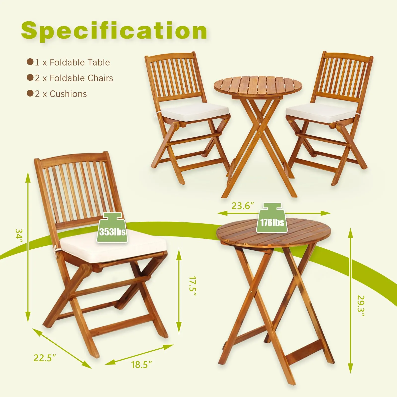 S AFSTAR 3 Pieces Patio Bistro Set, Acacia Wood Folding Bistro Set with Round Coffee Table & Padded Cushion, Outdoor Bistro Table and Chair Set of 2 for Patio, Balcony, Poolside & Porch (Beige)