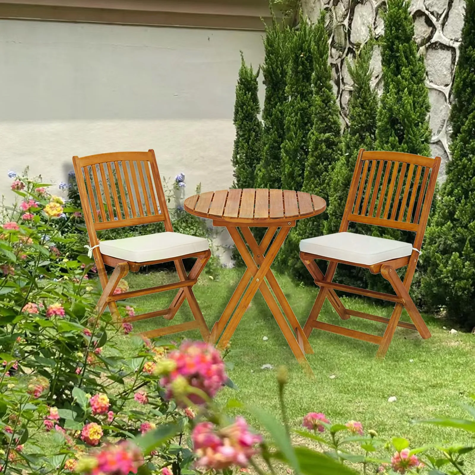 S AFSTAR 3 Pieces Patio Bistro Set, Acacia Wood Folding Bistro Set with Round Coffee Table & Padded Cushion, Outdoor Bistro Table and Chair Set of 2 for Patio, Balcony, Poolside & Porch (Beige)