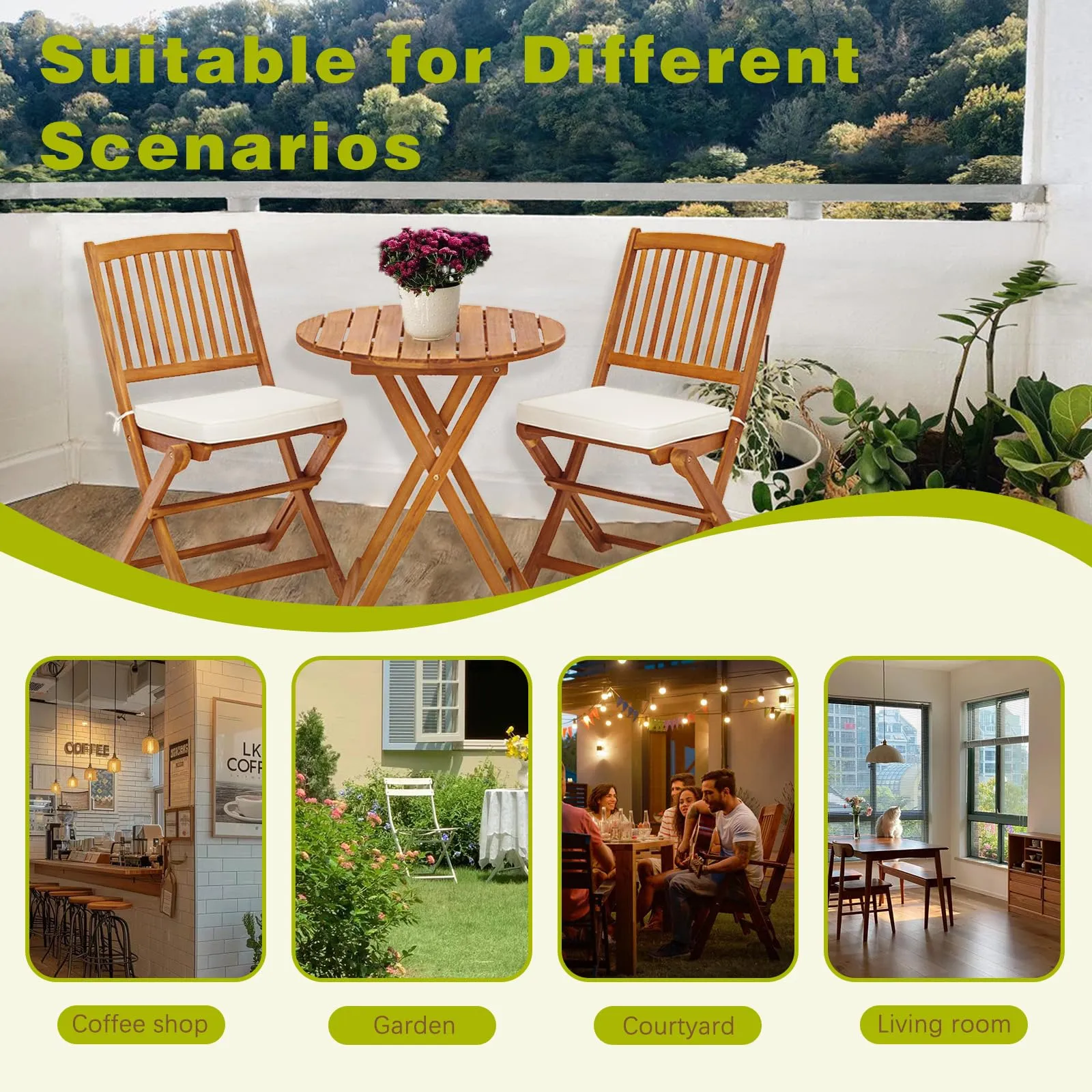 S AFSTAR 3 Pieces Patio Bistro Set, Acacia Wood Folding Bistro Set with Round Coffee Table & Padded Cushion, Outdoor Bistro Table and Chair Set of 2 for Patio, Balcony, Poolside & Porch (Beige)