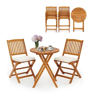 S AFSTAR 3 Pieces Patio Bistro Set, Acacia Wood Folding Bistro Set with Round Coffee Table & Padded Cushion, Outdoor Bistro Table and Chair Set of 2 for Patio, Balcony, Poolside & Porch (Beige)