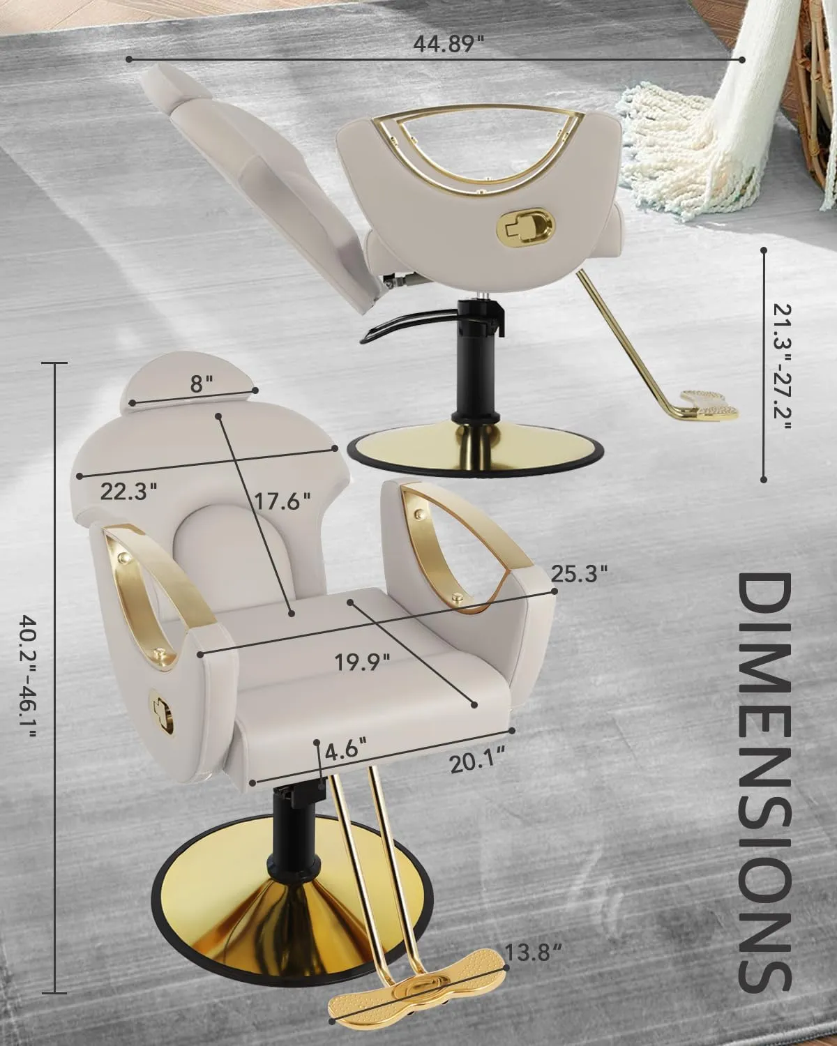 Salon Chair, Reclining Salon Chair for Hair Stylist, Barber Chair with Heavy Duty Hydraulic Pump, Hair Chairs Tattoo Braiding Beauty Spa Equipment, Light Gray Gold